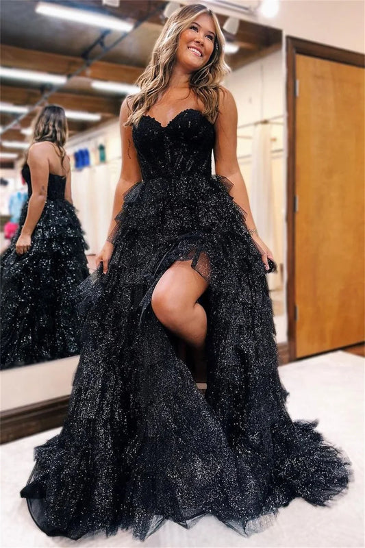 Vestido De fiesta De tul con dobladillo multicapa negro, mangas desmontables hinchadas, Vestidos De Novia sexys con abertura lateral alta, batas de soirée