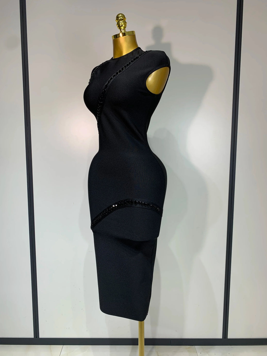 Elegant Women Sexy Black Design Bodycon Bandage Dress O-Neck Half Sleeve Medium Long Dresses Party Luxury Birthday Dresses black