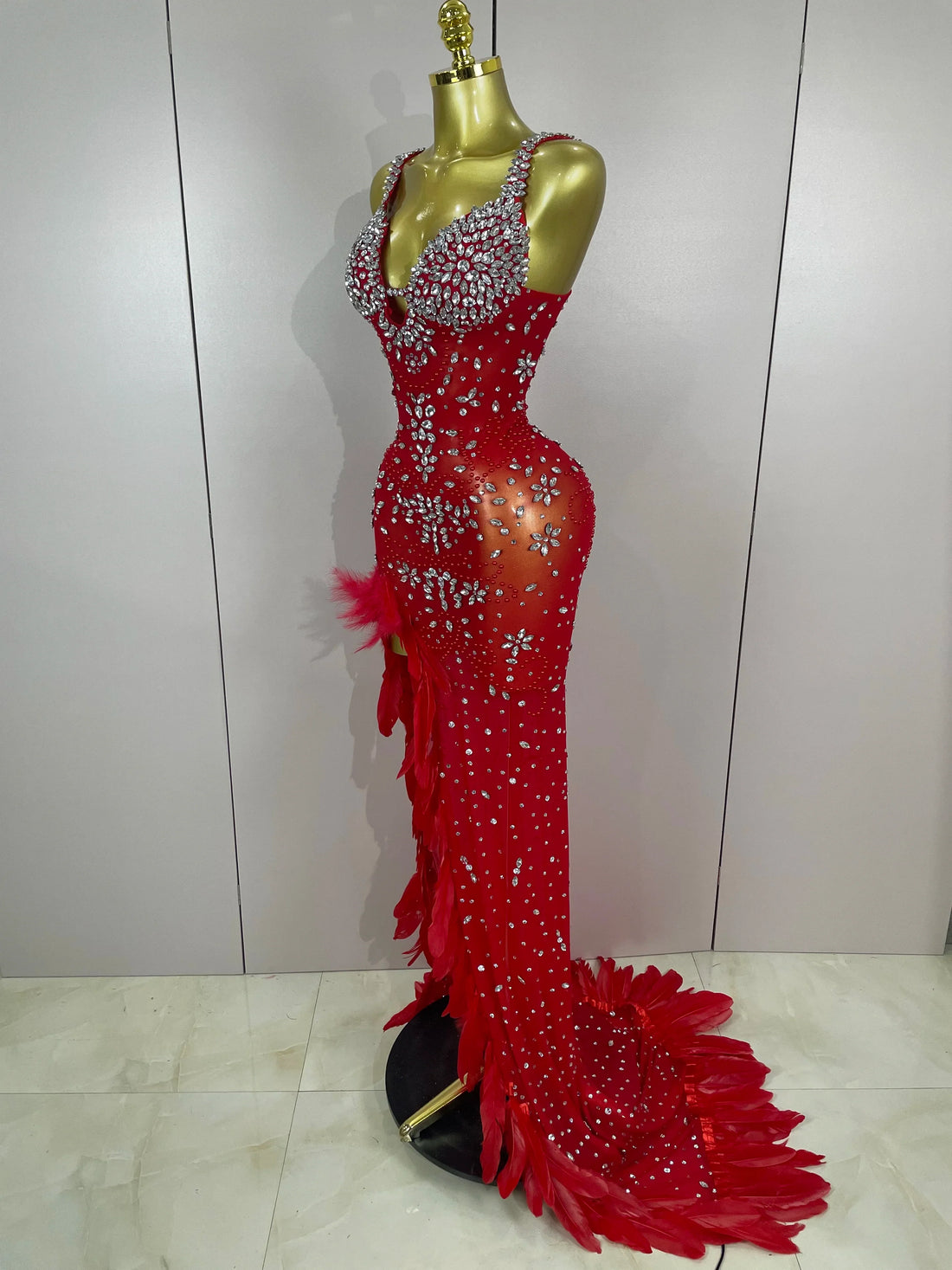 Exquisite Feather Red Evening Dress Women Sparkle Rhinestones Sexy High Slit Birthday Celebrate Stage Photoshoot Costume Red