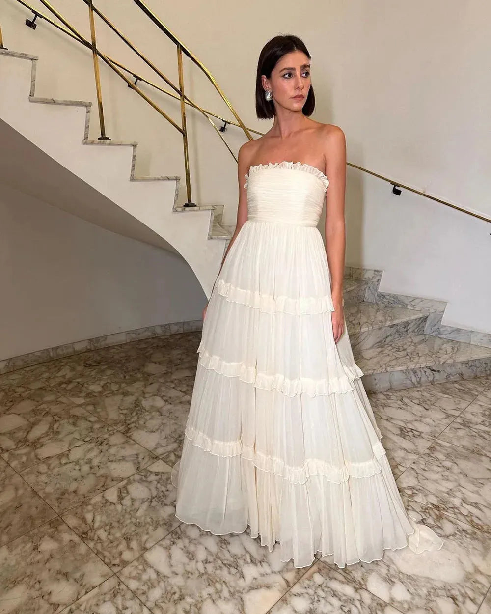 A-Line Long Wedding Party Dresses for Women Ruched Strapless Elegant Brides Party Gowns Evening Dresses Prom Gowns Ivory