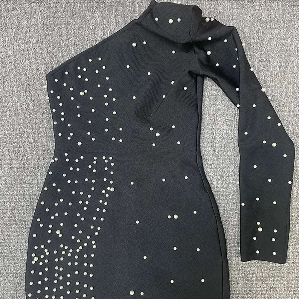 Sexy Women's Light Luxury Pearl Design Bandage Dress with Diagonal Collar One Shoulder Long Sleeve Bodycon Christmas Dress