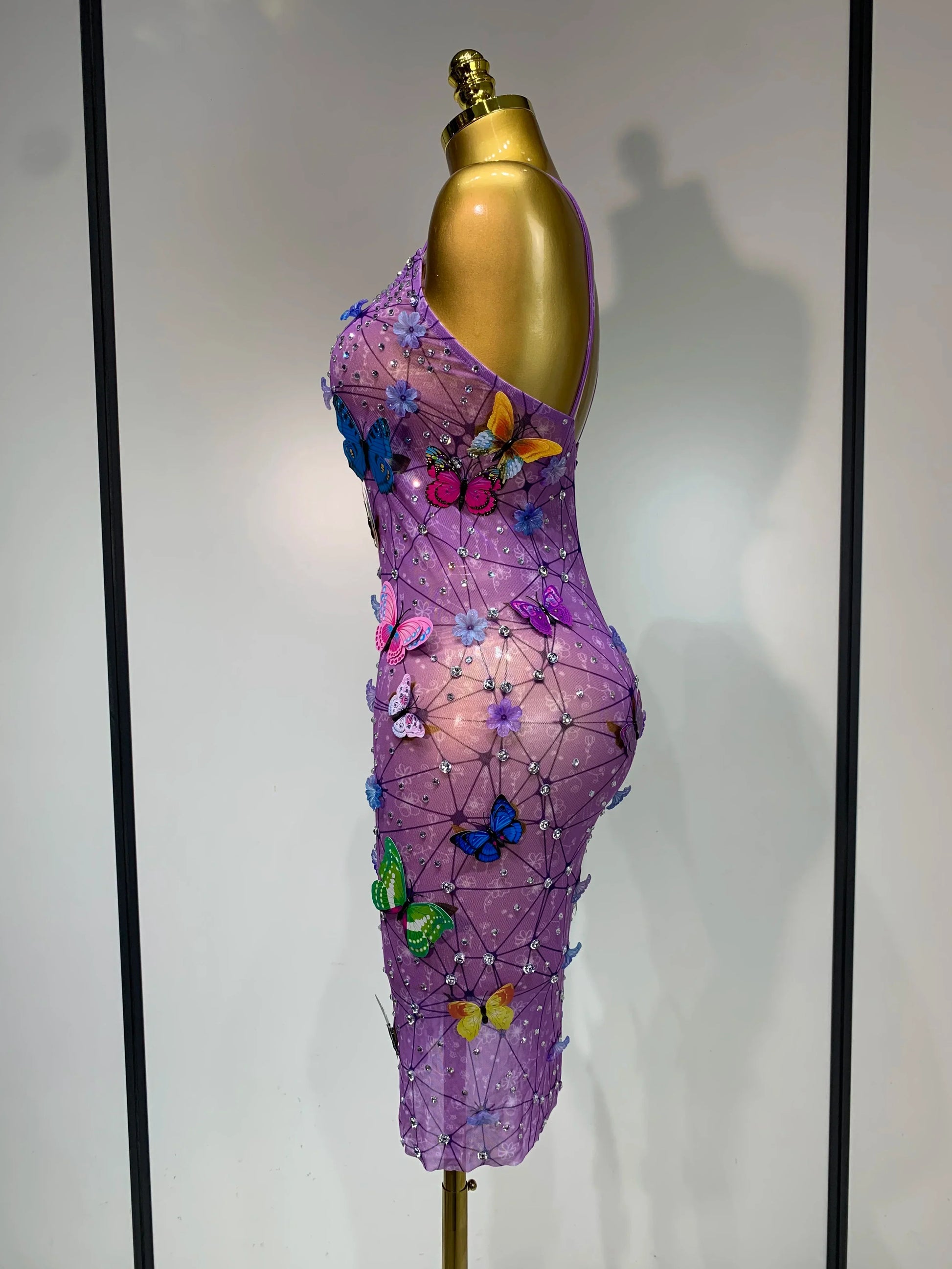 Sparkly Women Sexy Mesh See Through Dress Butterfly Purple Celebrity Luxury Birthday Nightclub Stage Outfit