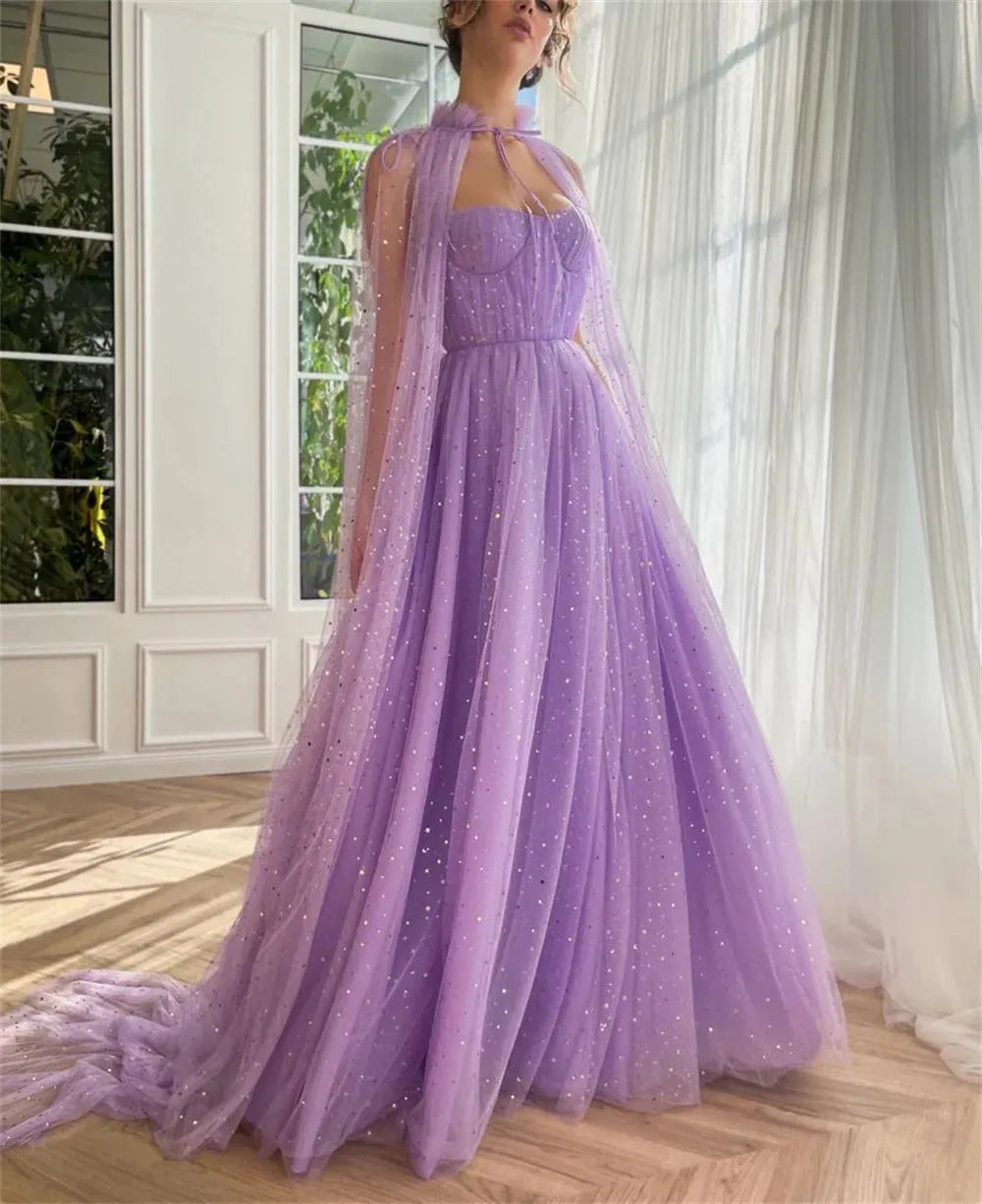 Sweet Cape A-line Prom Dress Lavender Evening Dress Glitter Organza فستان سهرة Sweet Tulle Sweep Train Party Dresses as pic