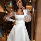 Short Wedding Party Dresses Square Collar Long Puff Sleeves Mini Brides Gowns for Women Button A-Line Cocktail Dress