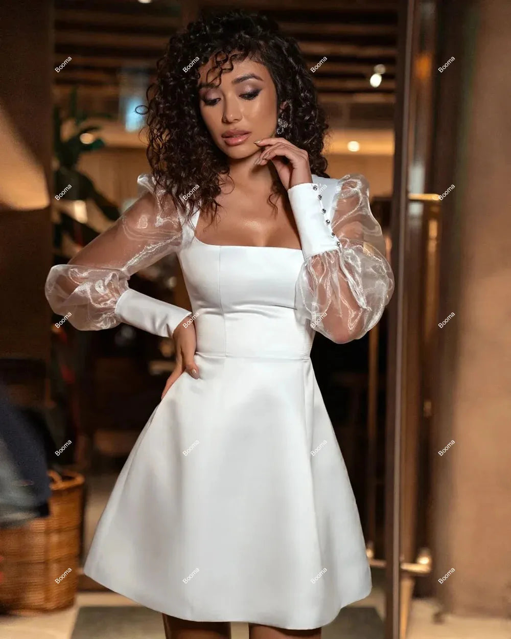 Kurze Hochzeitsfeier Kleider Quadratkragen Lange Puffärmel Mini Brides Kleider für Frauen Knopf A-Line Cocktail Kleid