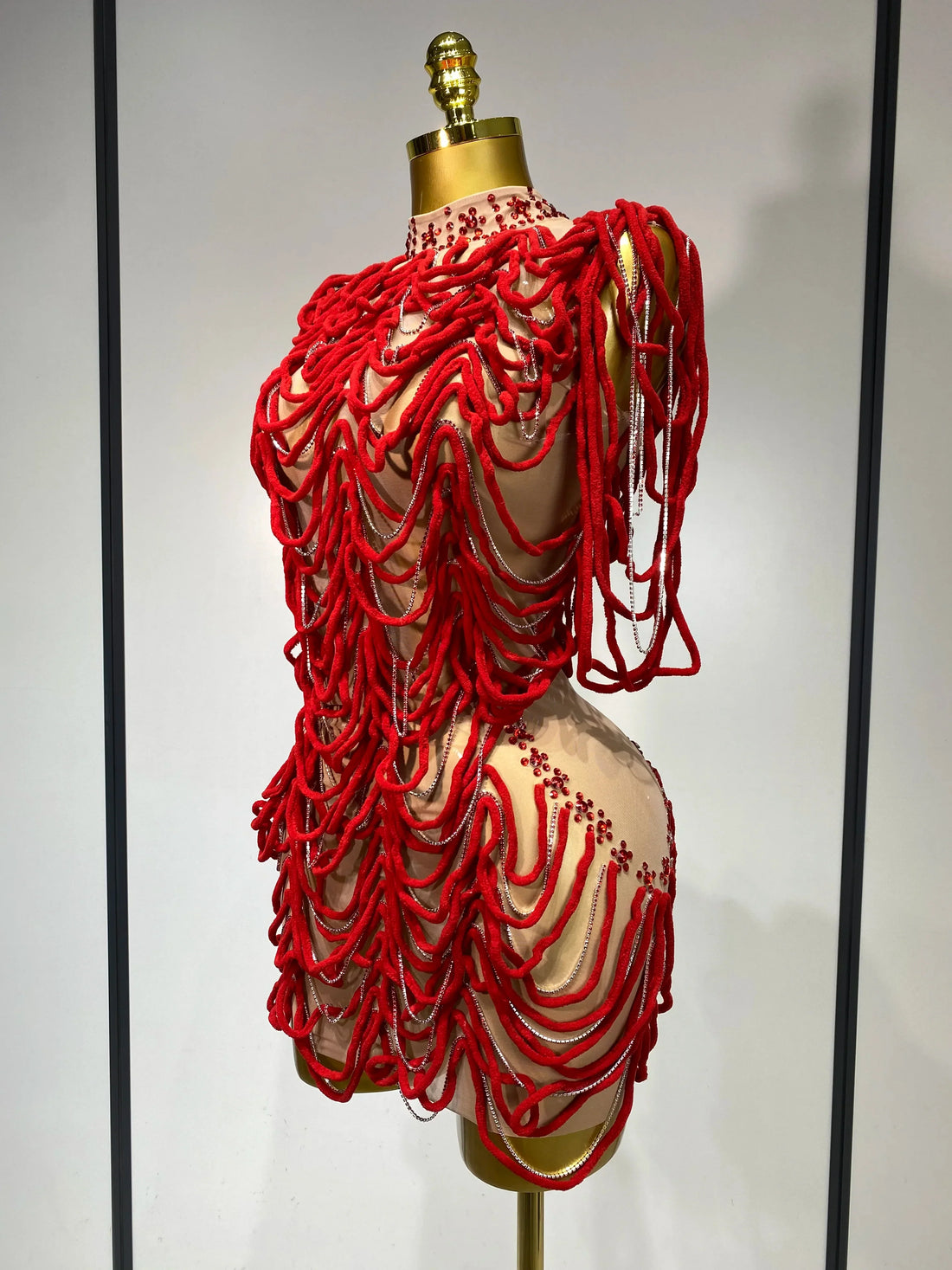 Women Mesh Elastic Sexy Tight Fitting Sparkly Diamond Chain Short Dress Nightclub Luxury Birthday Stage Performance Costumes Red