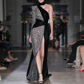 Sexy Sequin Patchwork Design Long Dress Halter Neck Draped One Shoulder Long Sleeve Split Maxi Evening Party Gowns black