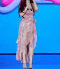Floral-Print Ruffled Long Dress Pink Color Cowl Neck Spaghetti Straps Pleated Hem Strapless Maxi Cocktail Party Evening Gowns