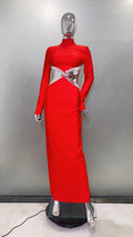 Luxury Squares Diamonds Sexy Hollows Out Blackless Long Dress Elegant Goddess Evening Dress Celebrity Party Outfit Red