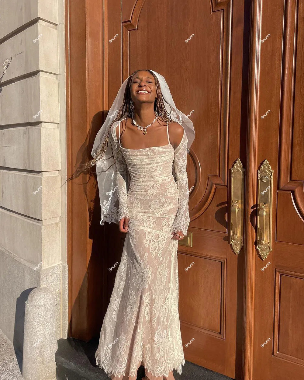 Ivory Mermaid Wedding Party Dresses Lace Two Pieces Evening Dresses for Women Lace Up Long Sleeves Prom Dress Brides Gowns