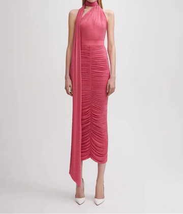 Elegant Sleeveless Halter Ribbon Ruched Details Backless Body Suit With Beaded Maxi Long Skirt Two Pieces Set Casual Wearing