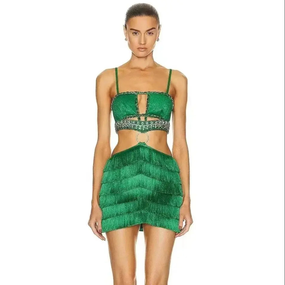 Stylish Tassel Sexy Hollow Out Spaghetti Strap Mini EvenDress Summer Holiday Vocation Vestido Music festival Outfit green