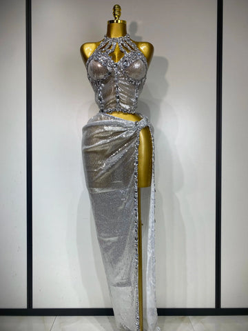 Women Sparkly Silver Rhinestones Top Long Skirt Two Pieces Set Singer Dancer Performance Costume Nightclub Stage Wear Silver