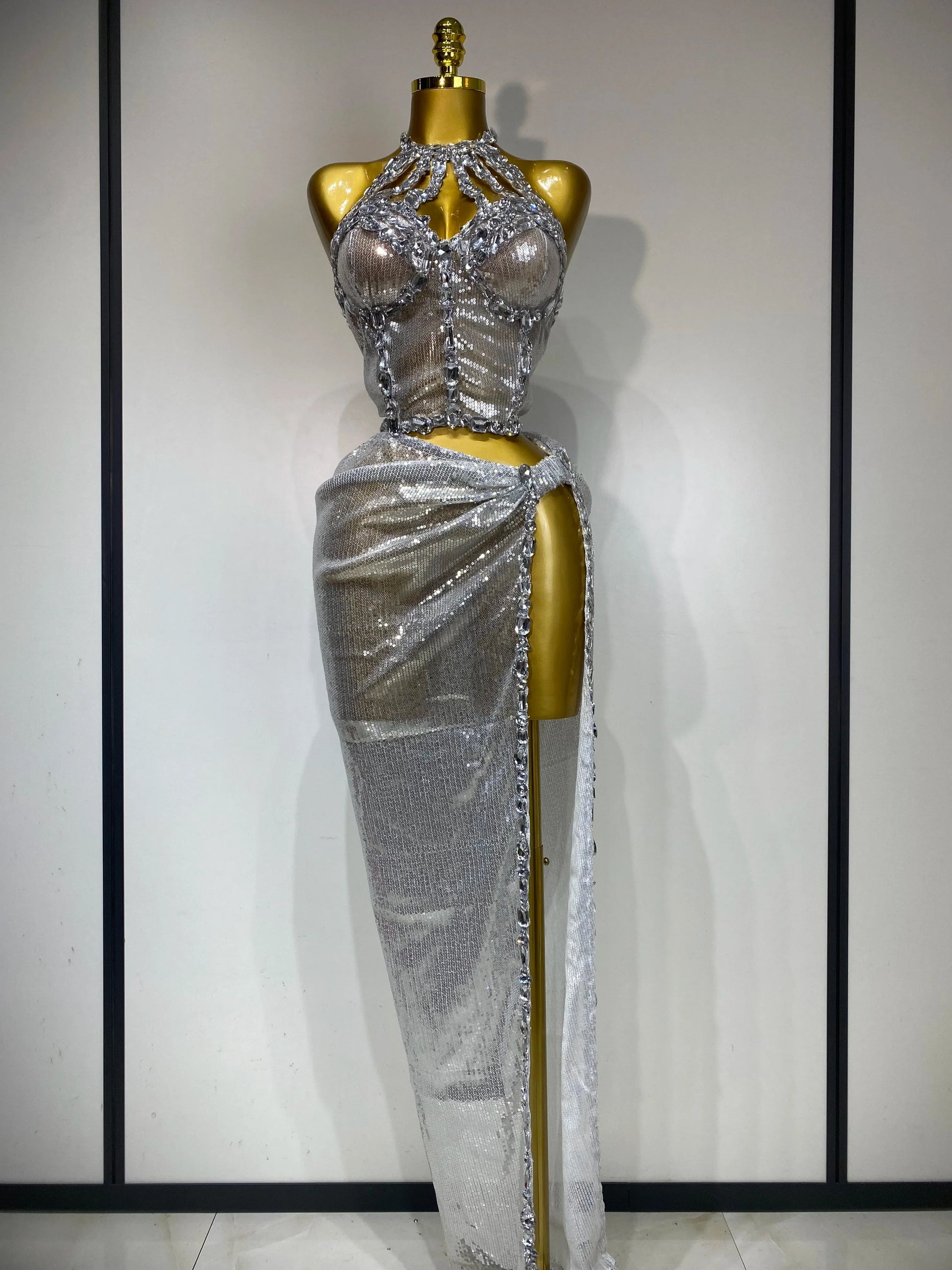 Women Sparkly Gold Rhinestones Top Long Skirt Two Pieces Set Singer Dancer Performance Costume Nightclub Luxury Birthday Dress Silver