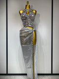 Sexy Backless Shiny Diamond Two Piece Set Women Elegant Evening Party Luxury Birthday Nightclub Singer Stage costume Silver