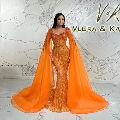 Vestido de fiesta de sirena con cuentas naranja, chal de capa, فساتين مناسبة رسمية, vestidos de fiesta de noche de lujo árabes de Dubai hechos a medida