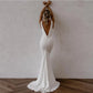 Deep v Neck Crepe Detachable Train Mermaid Wedding Dress Plain Lengan Terbuka untuk Wanita yang Dibuat untuk Tindakan