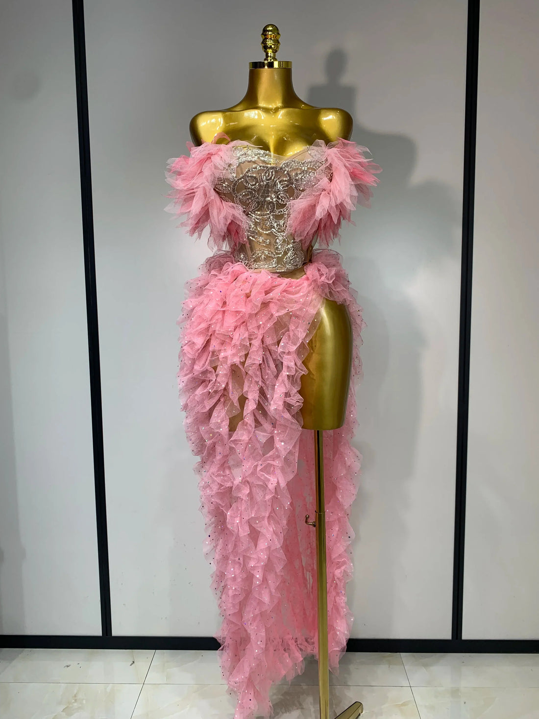 Women Sexy Strapless Ruffles two Pieces Set Bodycon Long Dress High Split Fashion Nightclub Party Birthday Singer Stage Outfit Pink