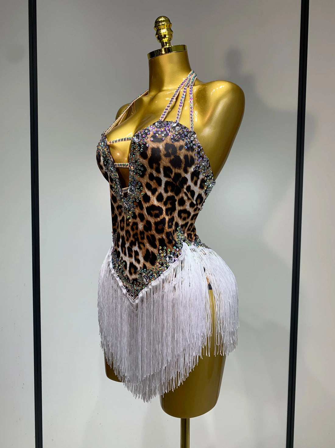 Sexy Backless Sparkly Rhinestones Tassel Leopard Print Bodysuit Performance Dance Costume Singer Dancer Stage Wear Club Outfit Dark Brown