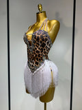 Sexy Backless Sparkly Rhinestones Tassel Leopard Print Bodysuit Performance Dance Costume Singer Dancer Stage Wear Club Outfit