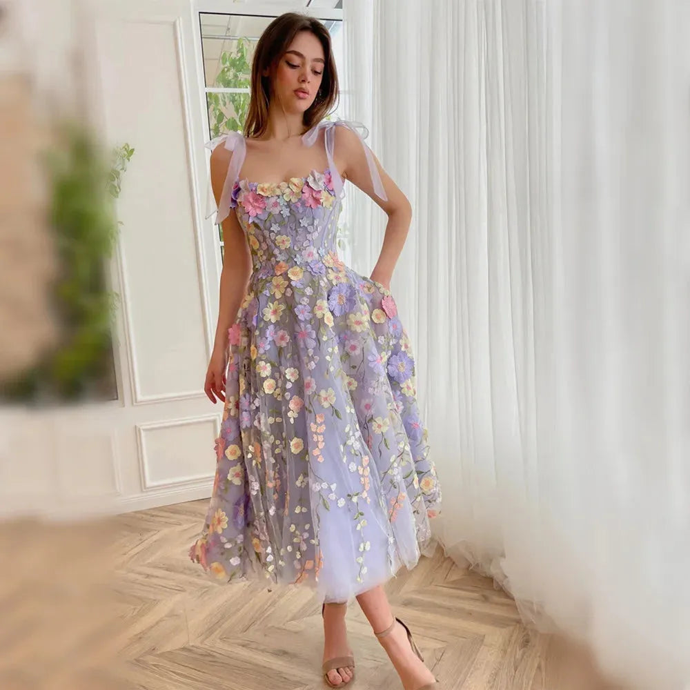 Purple Knee Lenght Party Dress Elegant Flower Embroid Evening Dresses Spaghetti Strap Vestidos De Noche Sexy Prom Dress as pic