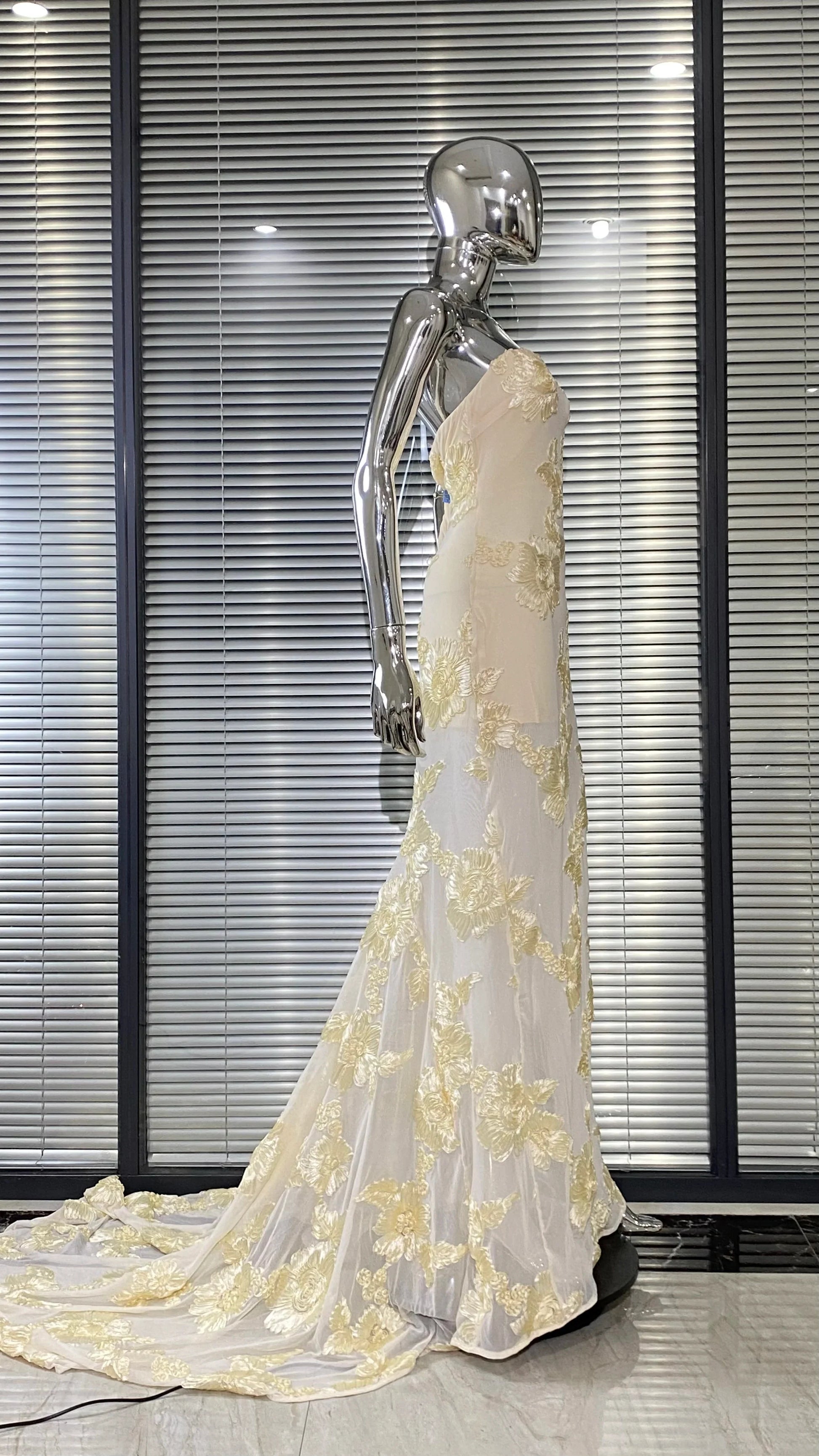 White Moth Orchids One Shoulder Yellow Green Ankle Length Bandage Dress Celebrity Party Evening Dress Woman Voaction Outfit