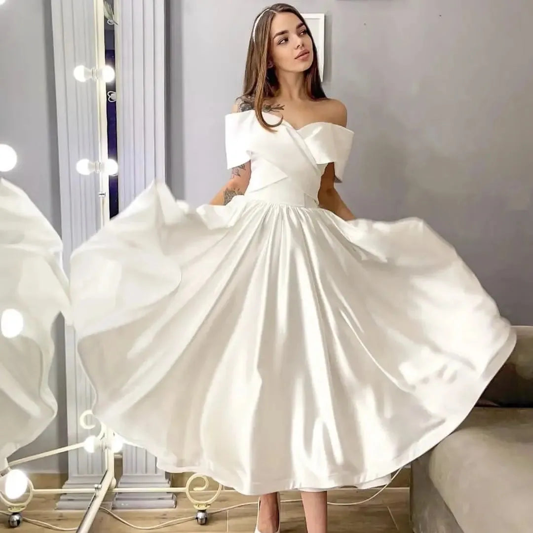 Short Wedding Dress Off The Shoulder A-Line Satin Short Ankle Length Bridal Gown Customize To Measures Simple Ivory 14w