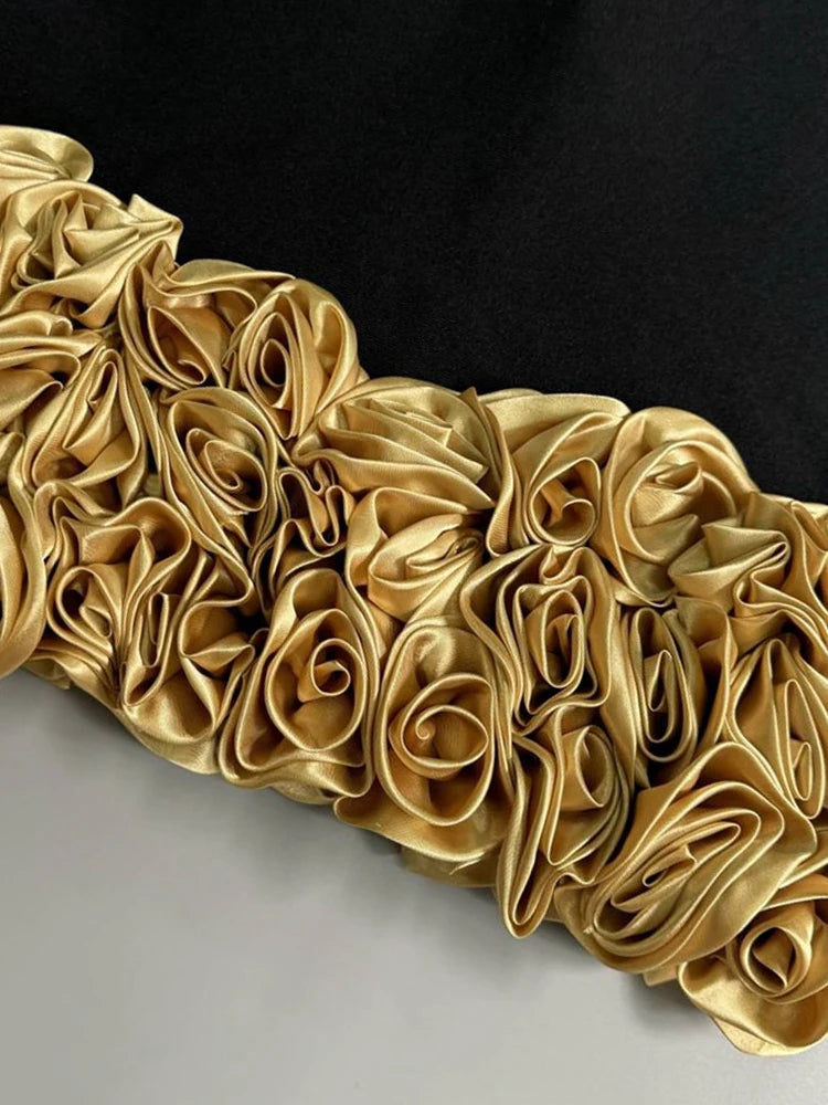 Black Strapless Short Bandage Dress Gold 3D Flowers Hemline Sleeveless Backless Floral Mini Prom Bodycon Cocktail Party Wear