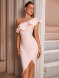 Bandage Elegant Women's Dresses for Party Bodycon Evening Night Club Cloth Cocktail One Shoulder Modest Knee Length Sleeveless Pink