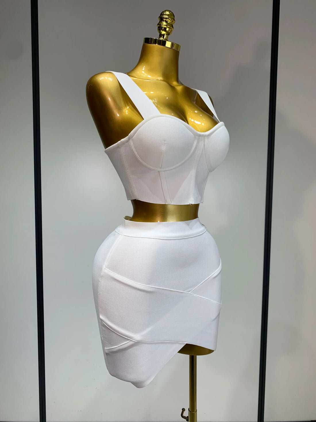 Women Sexy Top Short Skirt Bodycon Bandage Two Pieces Sets White Black Evening Party Luxury Birthday Outfit Nightclub Suits WHITE