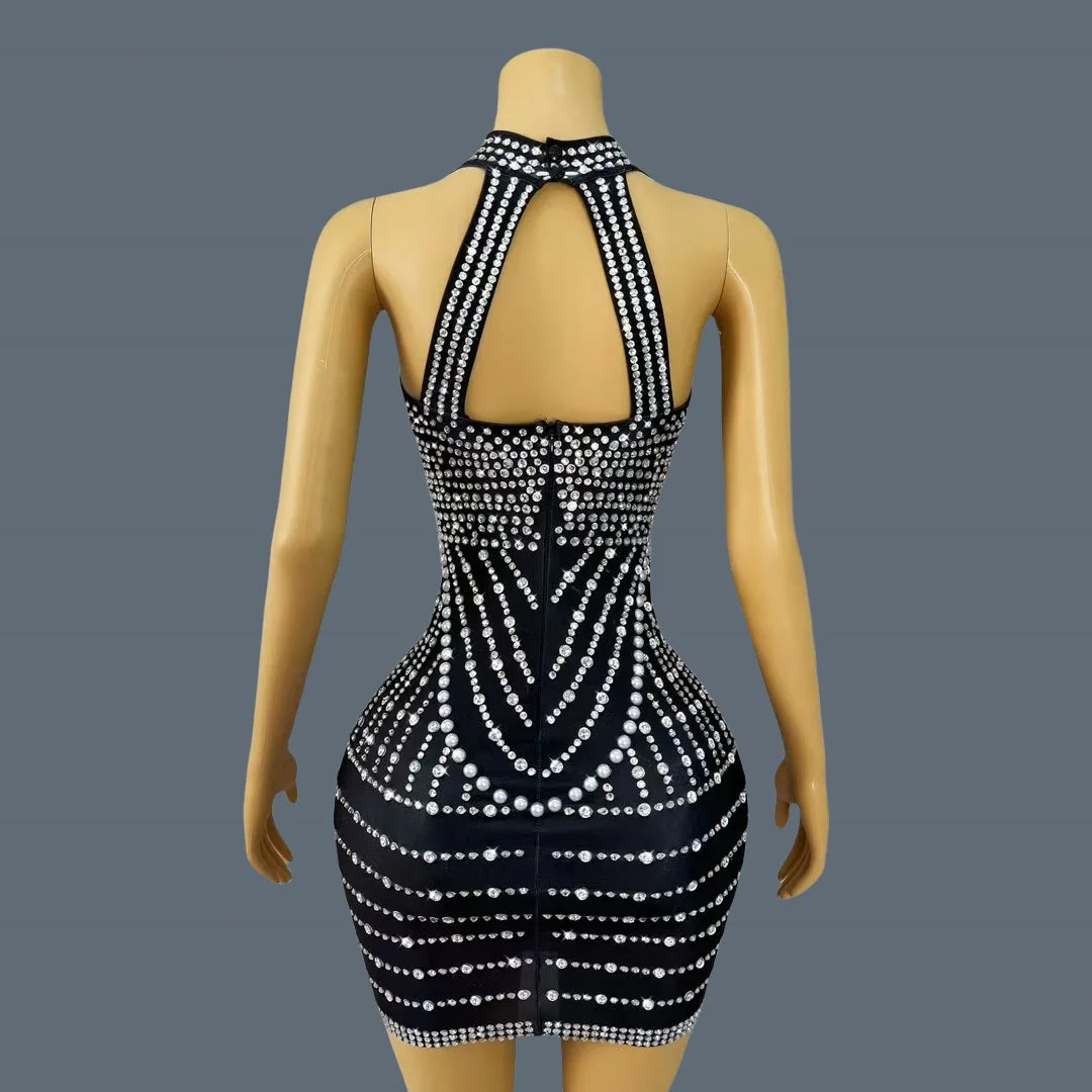 High-end Chic Black Mini Dress for Sexy Women Sparkly Rhinestone Tassel Bodycon Dress Birthday Party Queen Ball Dress lianhua black