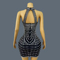 High-end Chic Black Mini Dress for Sexy Women Sparkly Rhinestone Tassel Bodycon Dress Birthday Party Queen Ball Dress lianhua