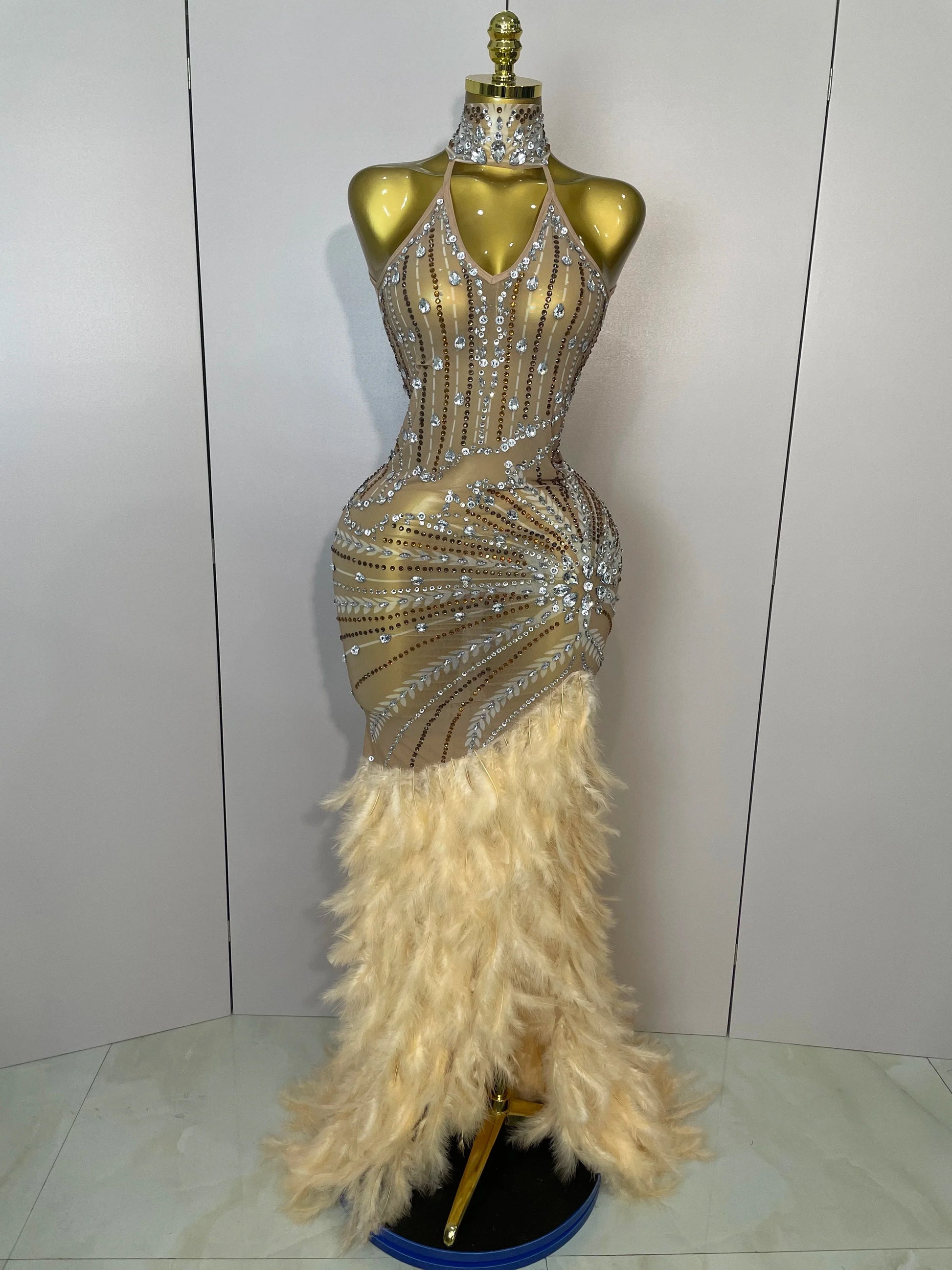 Sparkly Sexy Crystal Floor-Length Feathers Maxi Dress Elegant Evening Party Birthday Performance Prom Dance Stage Costume Dark Brown