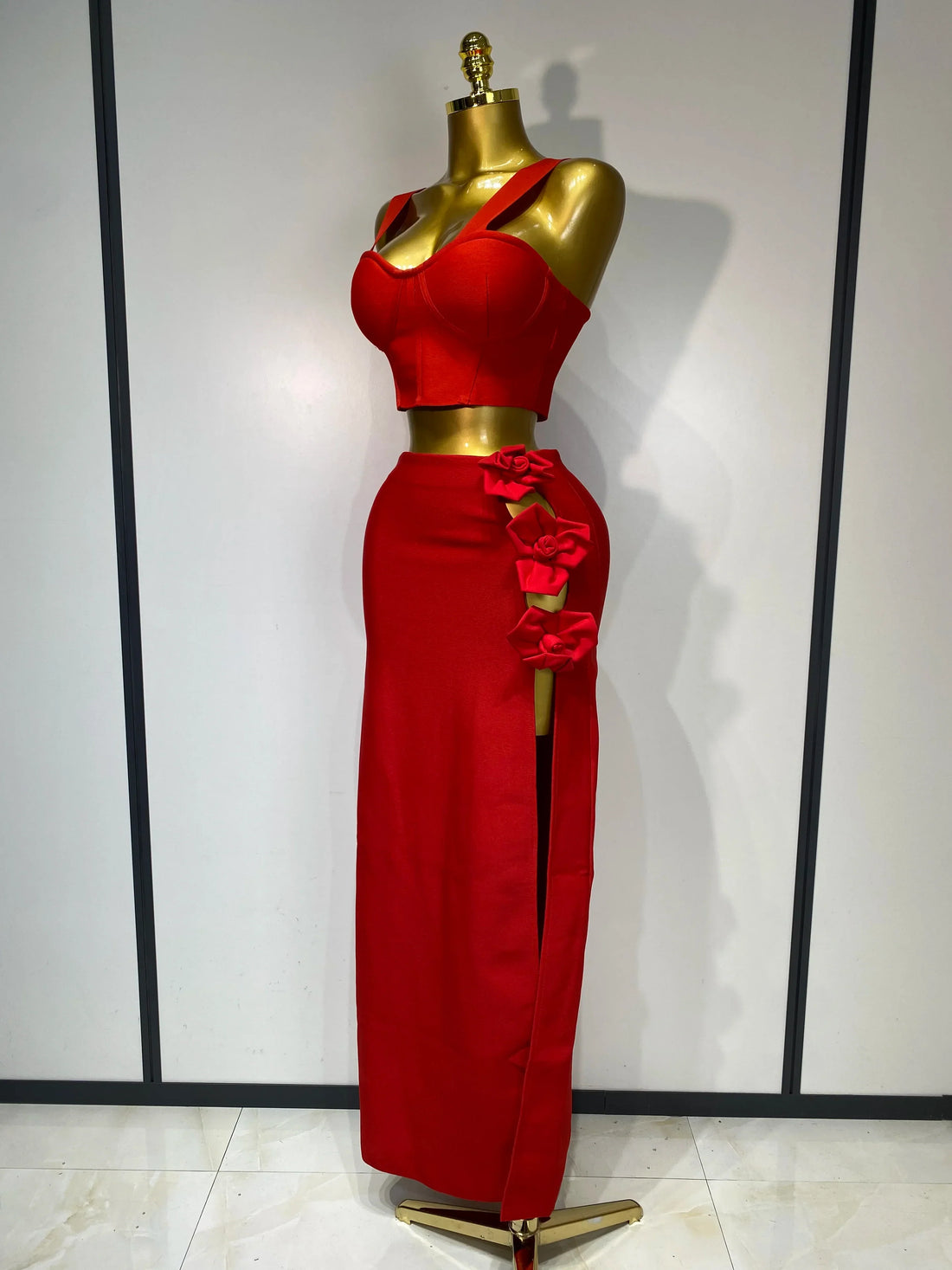 Women Red Top Flower Skirt Two Piece Set Evening Party Nightclub Elegant Host Tight Sexy Club Bodycon Bandage Long Skirt Red