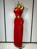 Women Red Top Flower Skirt Two Piece Set Evening Party Nightclub Elegant Host Tight Sexy Club Bodycon Bandage Long Skirt