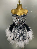 Stage Costume Women's Sparkly Sequin Mesh A Line Top Skirt 2 Pieces Set Nightclub Party Birthday Dress Photo Shoot Wear black