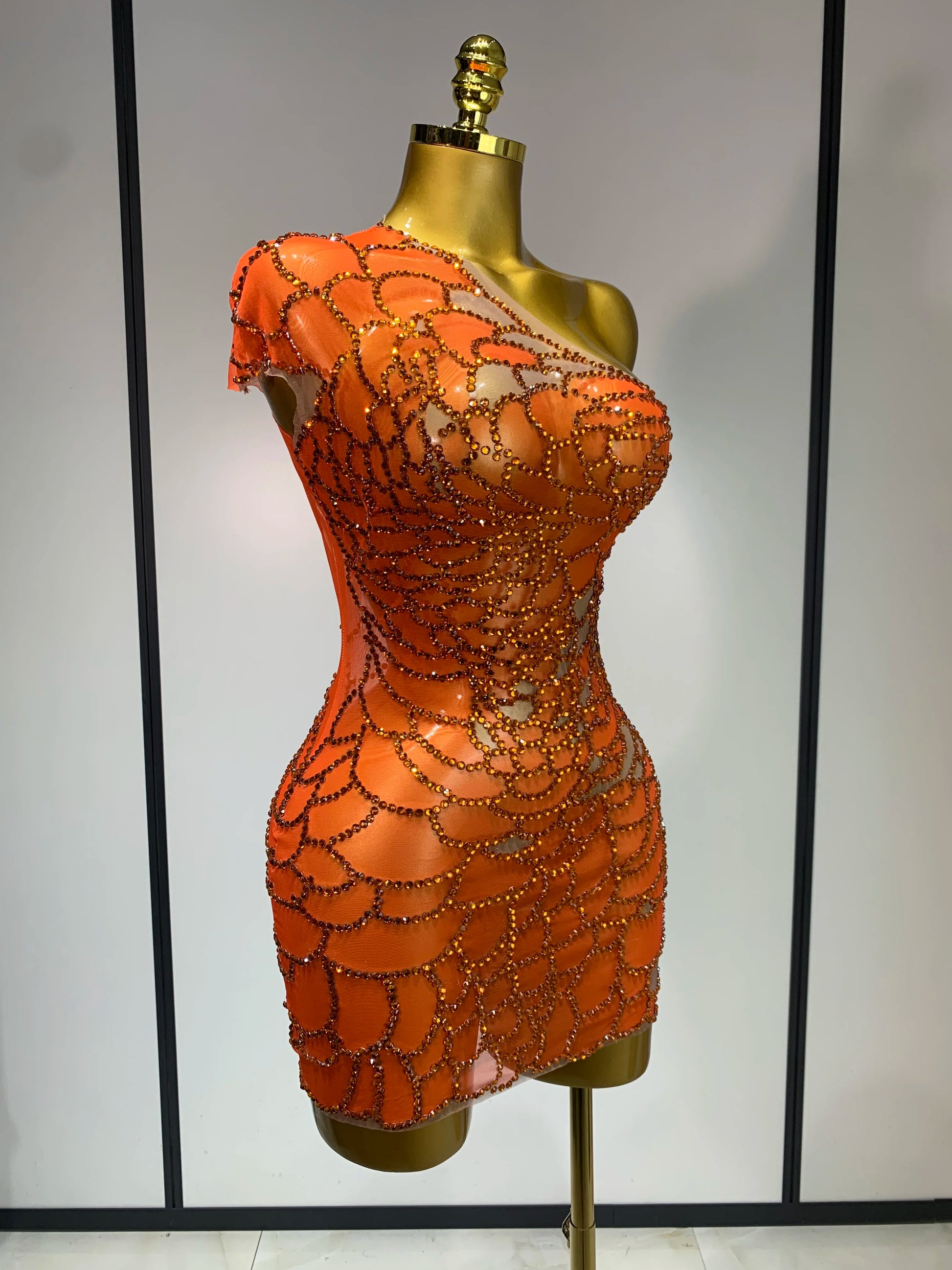 Women Sexy Mesh See Through One Shoulder Rhinestones Stage Costume Singer Nightclub Evening Party Luxury Birthday Mini Dresses