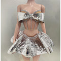 Sliver Mirror Surface Woman Set Stereoscopic Bows Strapless Tops And UFO Mini Skirt 2 Pieces Party Outfit Performance costume Silver