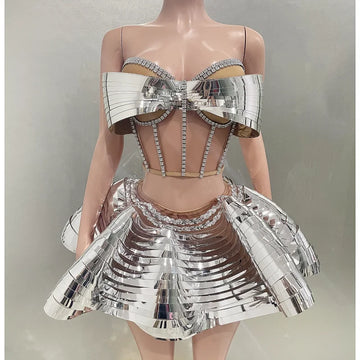 Sliver Mirror Surface Woman Set Stereoscopic Bows Strapless Tops And UFO Mini Skirt 2 Pieces Party Outfit Performance costume Silver