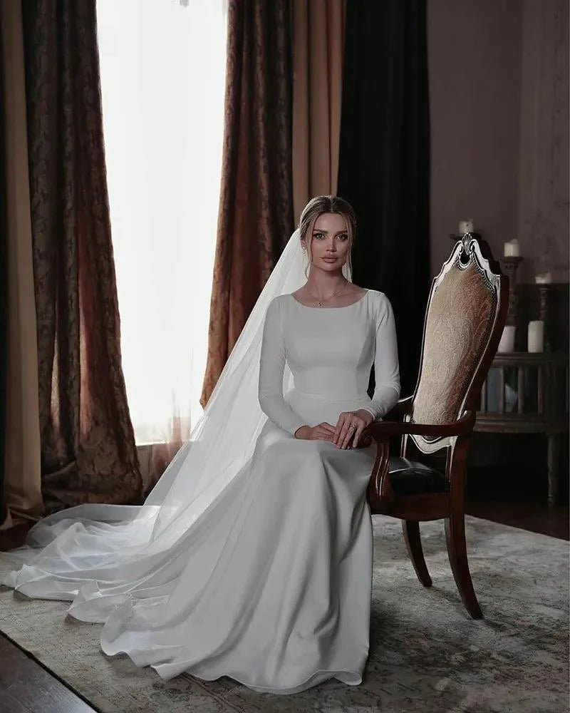 Prinzessin Brautkleider Satin Langarm Knöpfe Hochzeit Braut Kleider Muslim Hochzeitskleid bedeckt Rücken Vestido de Novia