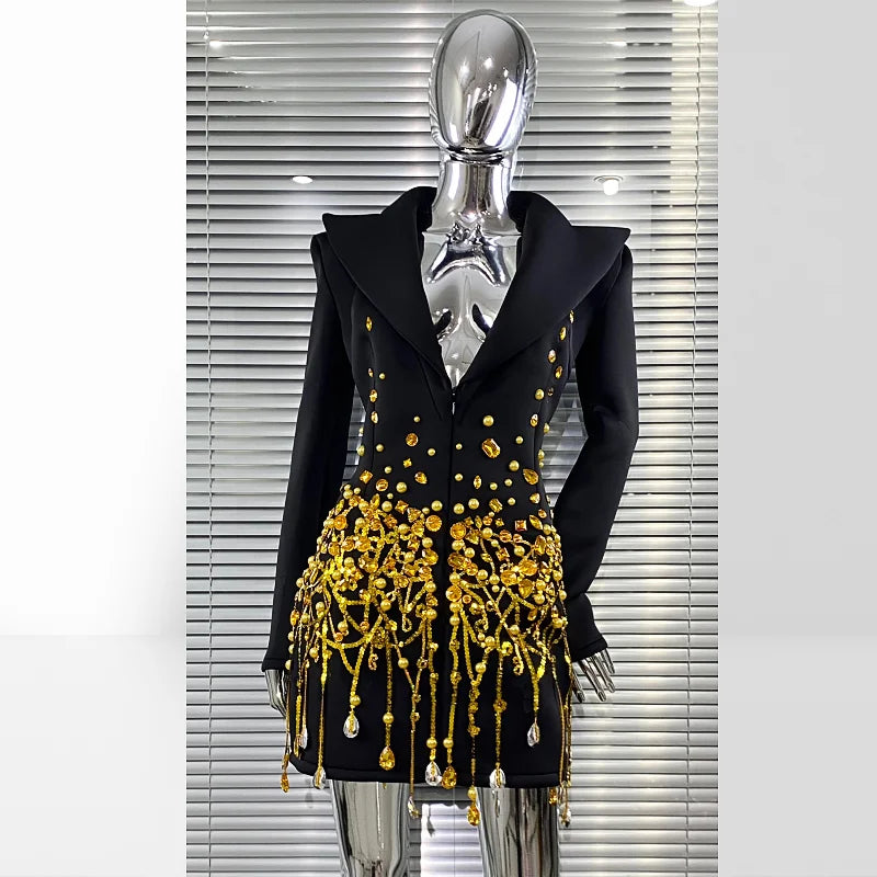 Luxury Diamonds Shining Sequins Deep V-Neck Mini Suit Dress Fashion Woman Birthday Party Dress Stage Performance Costume