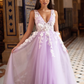 Lavender Vestidos De Fiesta Elegantes Para Mujer Elegant Lace Embroid Prom Dresses V-neck Vestidos De Noche