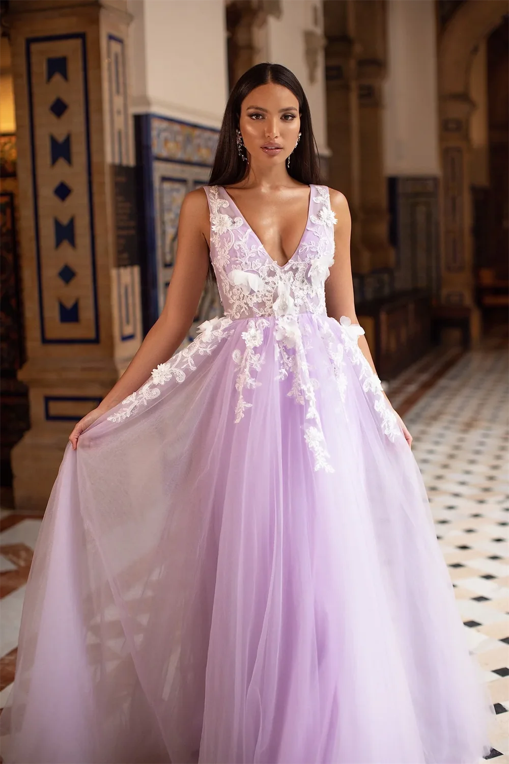 Lavanda Vestidos De Fiesta Elegantes Para Mujer Elegante encaje bordado Vestidos De graduación con cuello en V Vestidos De Noche