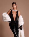 Alluring Black Sequin Deep V Neck Backless Lace Design Mermaid Dress for Party Dinner Evening Gown