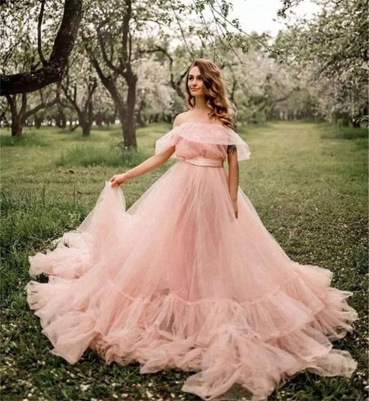 Princess Ball Gown Vestidos De Noche Sweet Off Shoulder Prom Dress Light Pink Tulle Sweep Train فساتين السهرة