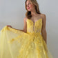 Yellow Lace Appliques Prom Dresses Tulle A-line vestidos de noche Elegant Puffy Sleeves Spaghetti Strap Formal Evening