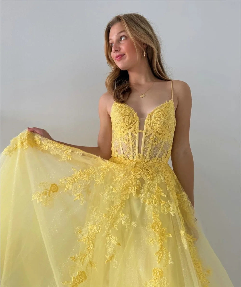 Yellow Lace Appliques Prom Dresses Tulle A-line vestidos de noche Elegant Puffy Sleeves Spaghetti Strap Formal Evening