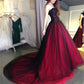 Wine Red Off Shoulder Tulle Prom Dress Elegant Lace Embroidery Vestidos De Novia Lace up Long Train A-line robes de soirée