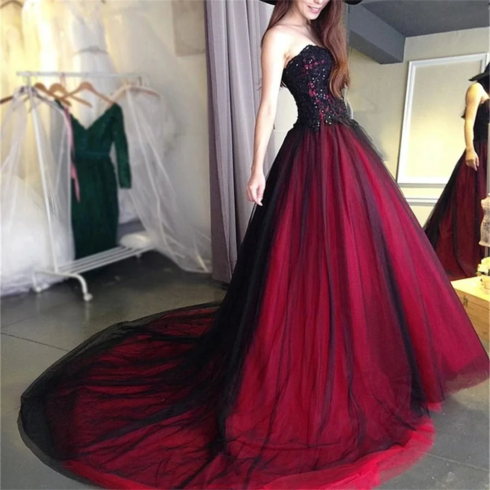 Vestido De fiesta De tul con hombros descubiertos, color rojo vino, elegante, bordado De encaje, Vestidos De Novia con cordones, cola larga, batas De soirée