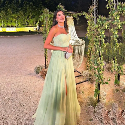 Sexy Side Split Light Green Vestidos De Noche Strapless A-line Prom Dress Tulle Floor Lenght فساتين السهرة